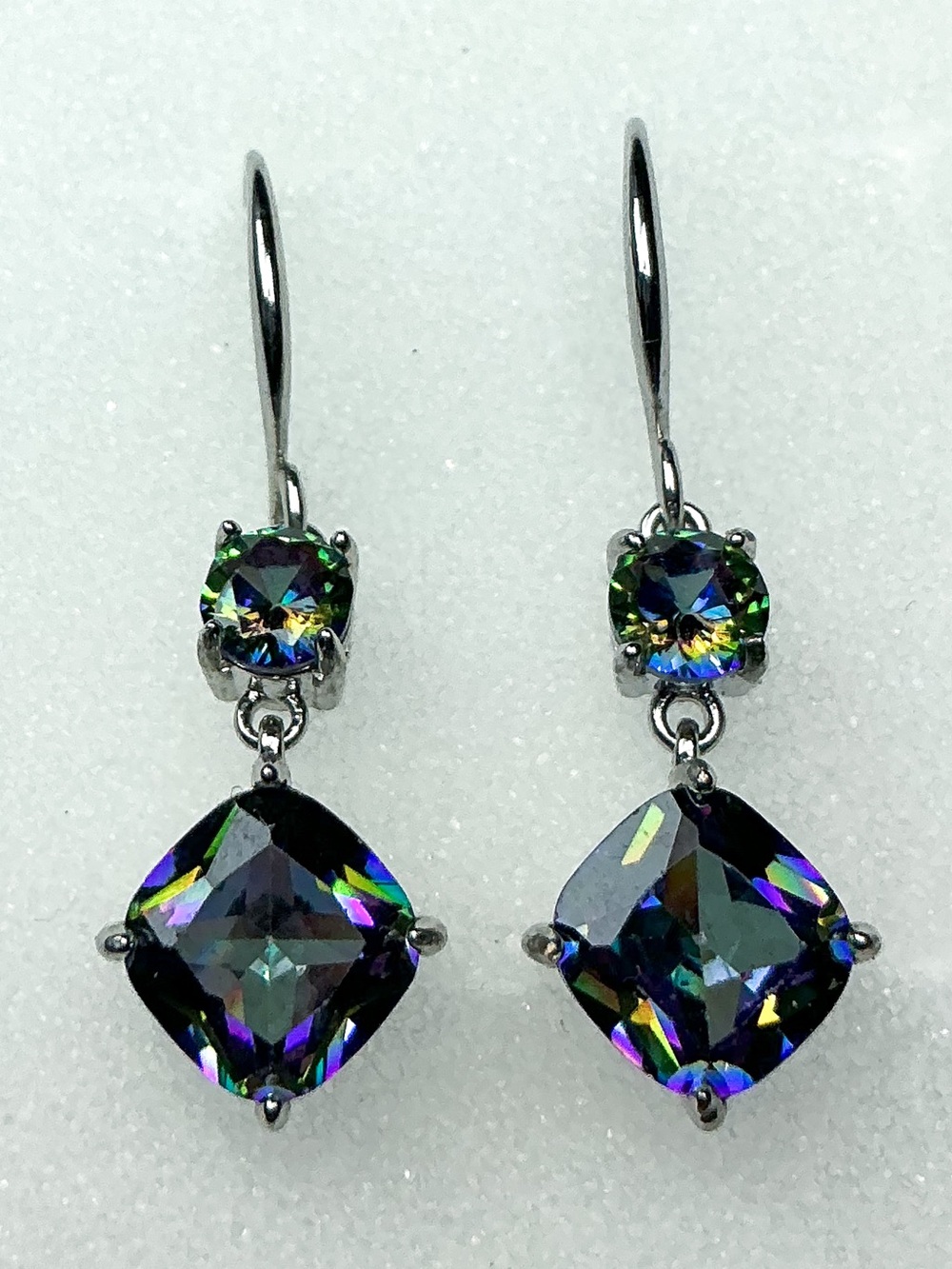 Mystic Rainbow Drop Earrings Silver Tone Cushion Cut Leverback Earrings